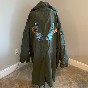 GAP green army / military trench jacket with floral embroidery | button up | XL